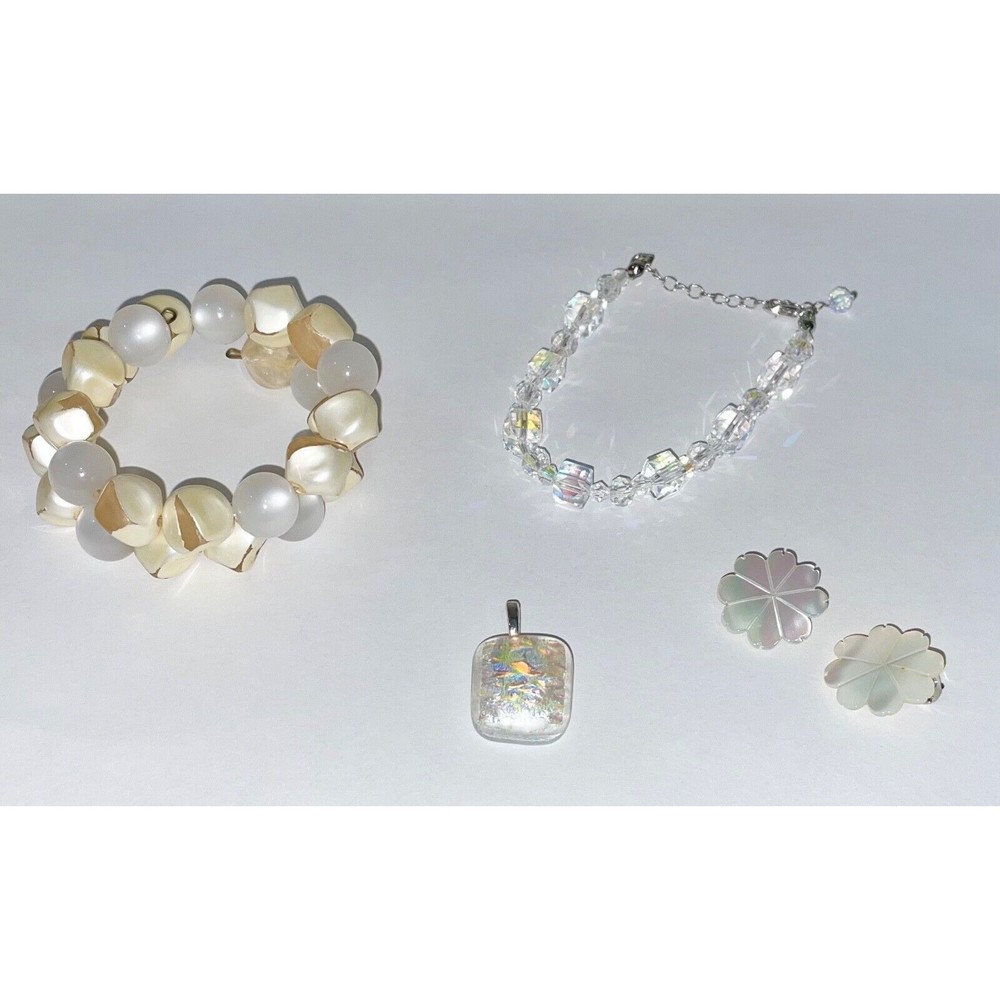 Lot Iridescent Vintage Costume Jewelry Bracelet Clip On Earrings Pendant